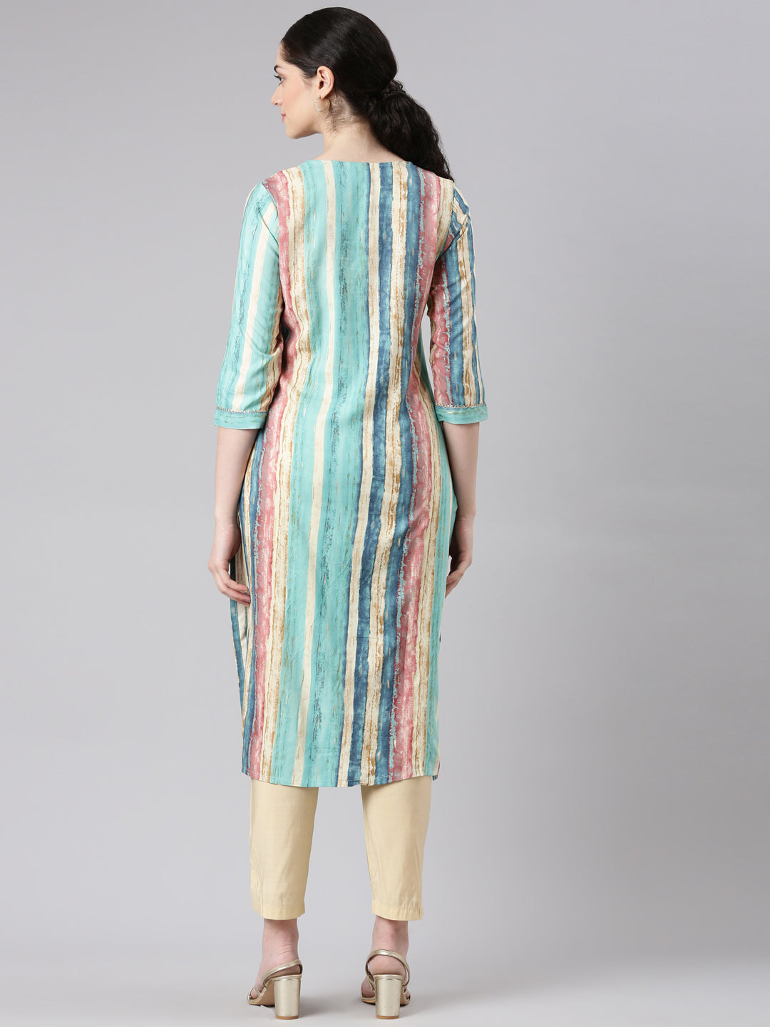 Neerus Green rayon striped printed straight kurti - side view