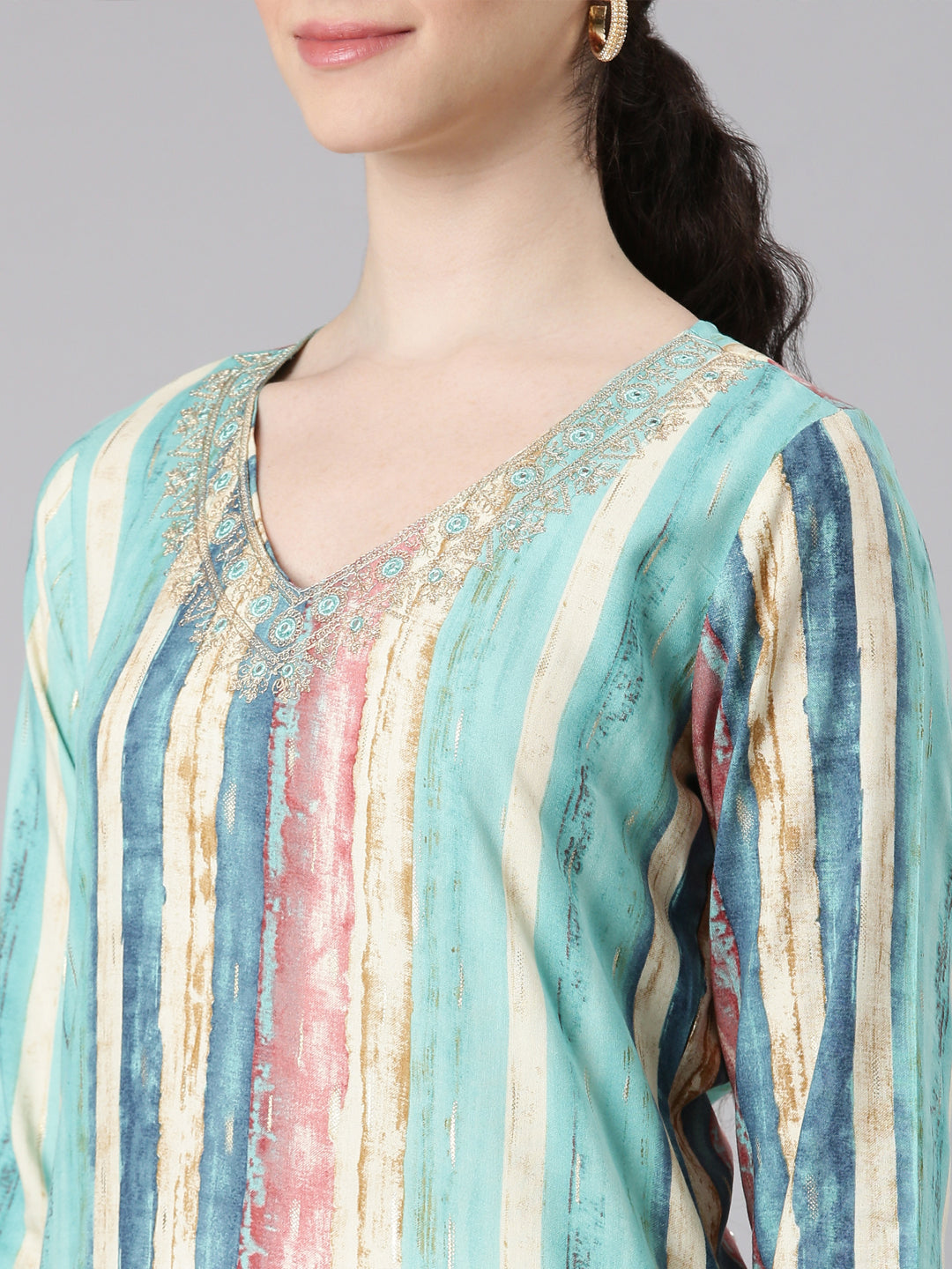 Neerus Green rayon striped printed straight kurti - detail view 1