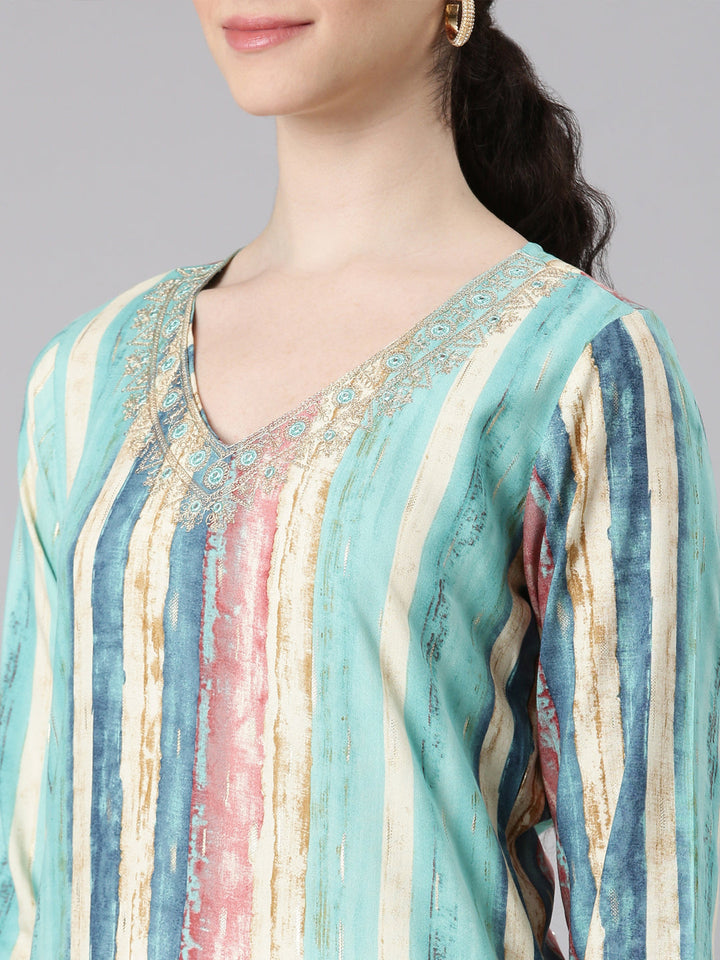 Neerus Green rayon striped printed straight kurti - detail view 1