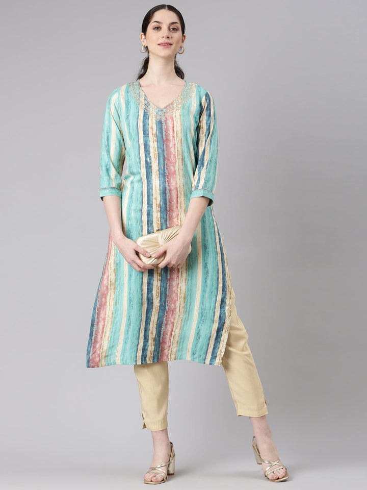 Neerus Green rayon striped printed straight kurti - detail view 2