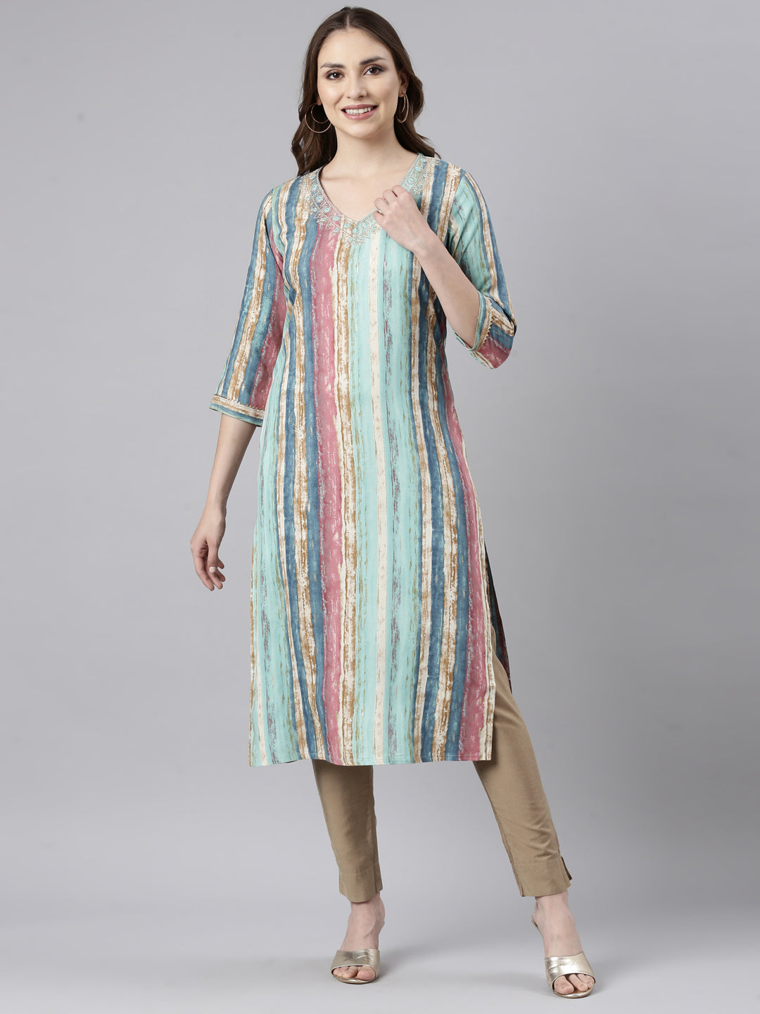 Neerus Green striped printed straight kurti - front view