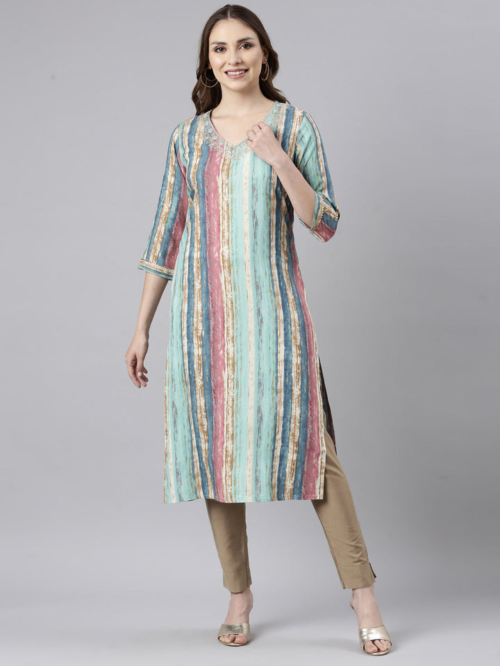 Neerus Green striped printed straight kurti - front view