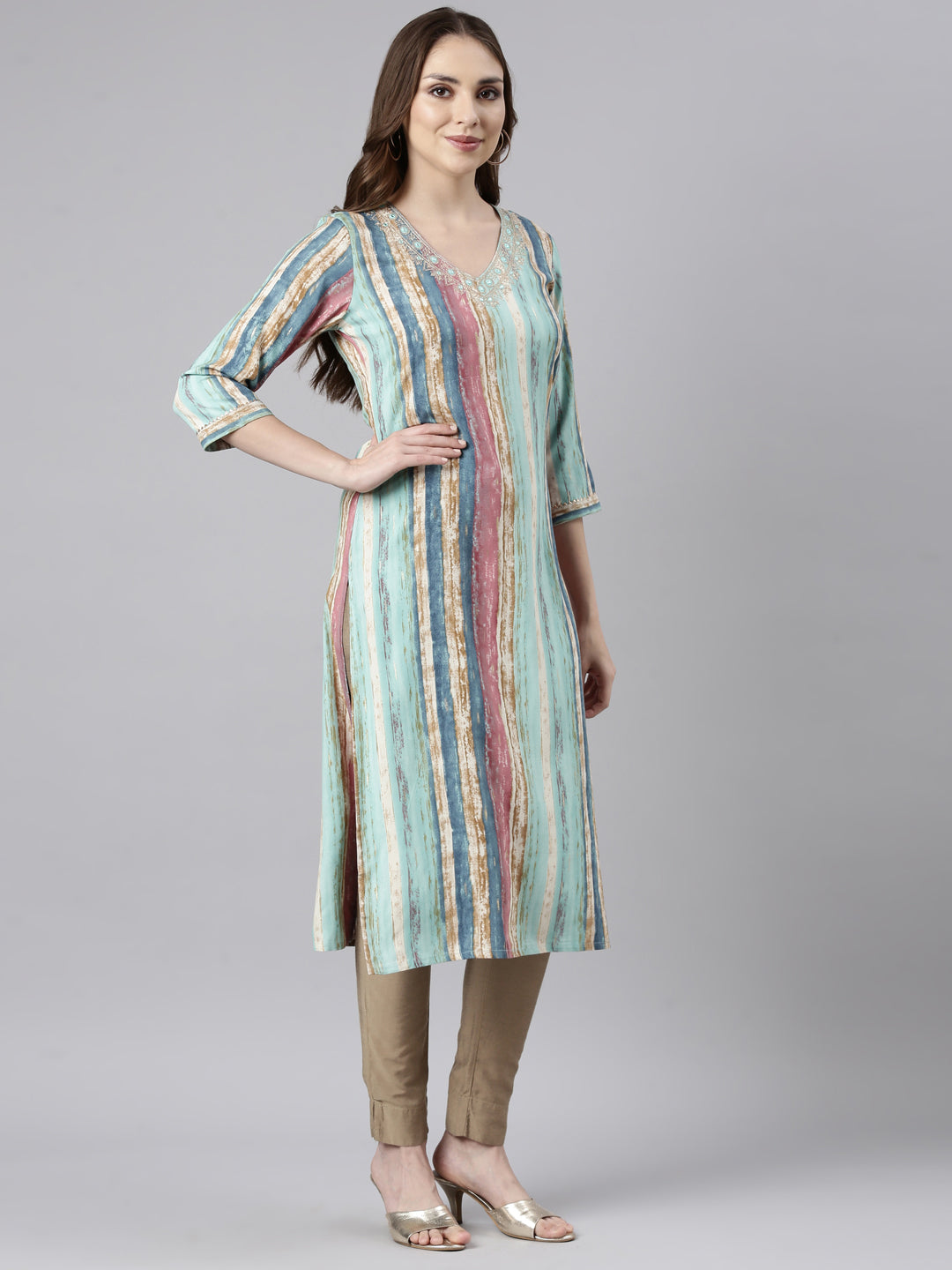 Neerus Green striped printed straight kurti - back view