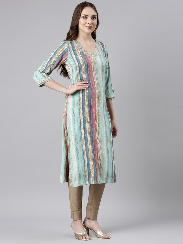Neerus Green striped printed straight kurti - back view