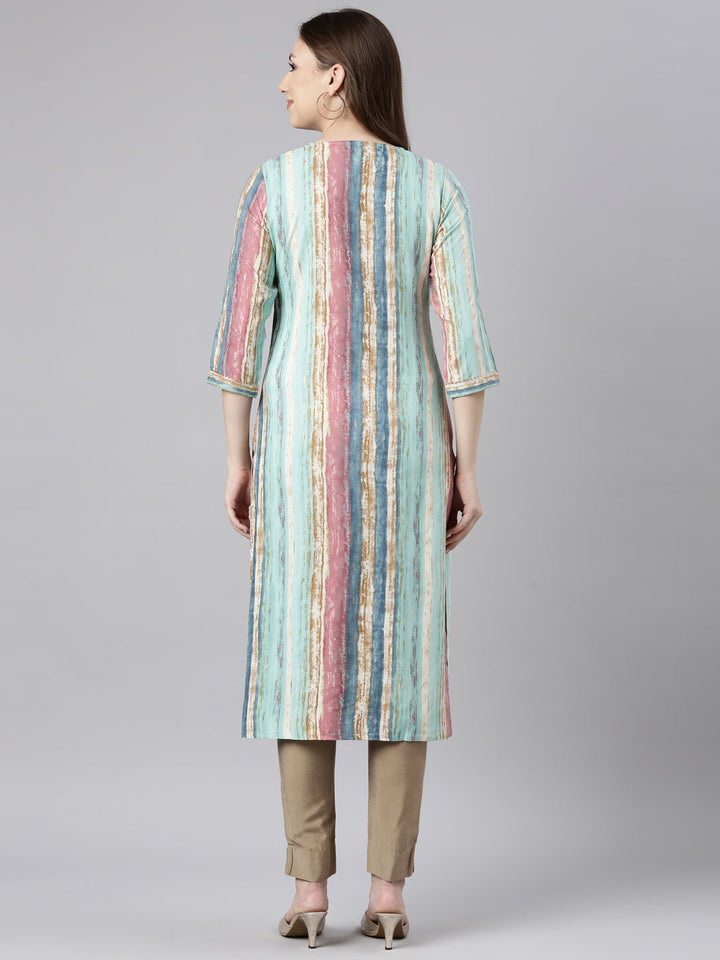Neerus Green striped printed straight kurti - side view