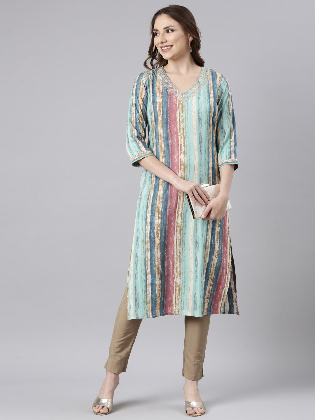 Neerus Green striped printed straight kurti - detail view 1