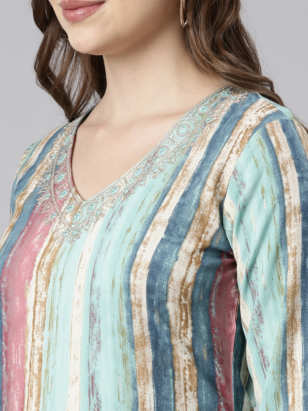 Neerus Green striped printed straight kurti - detail view 2