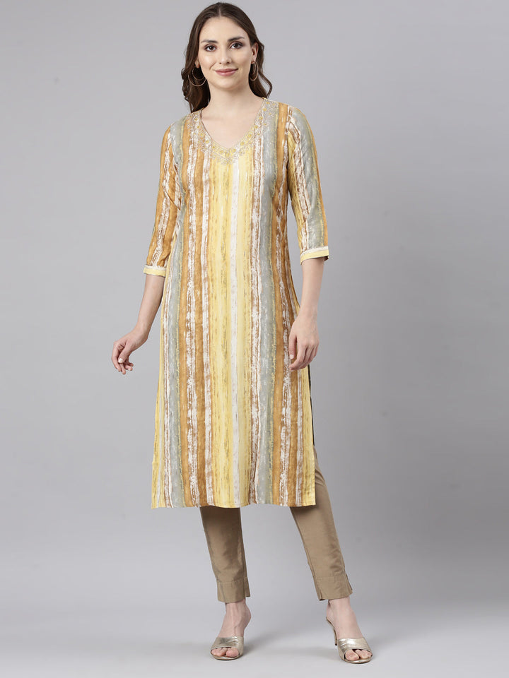 Neerus Yellow striped printed straight kurti - front view
