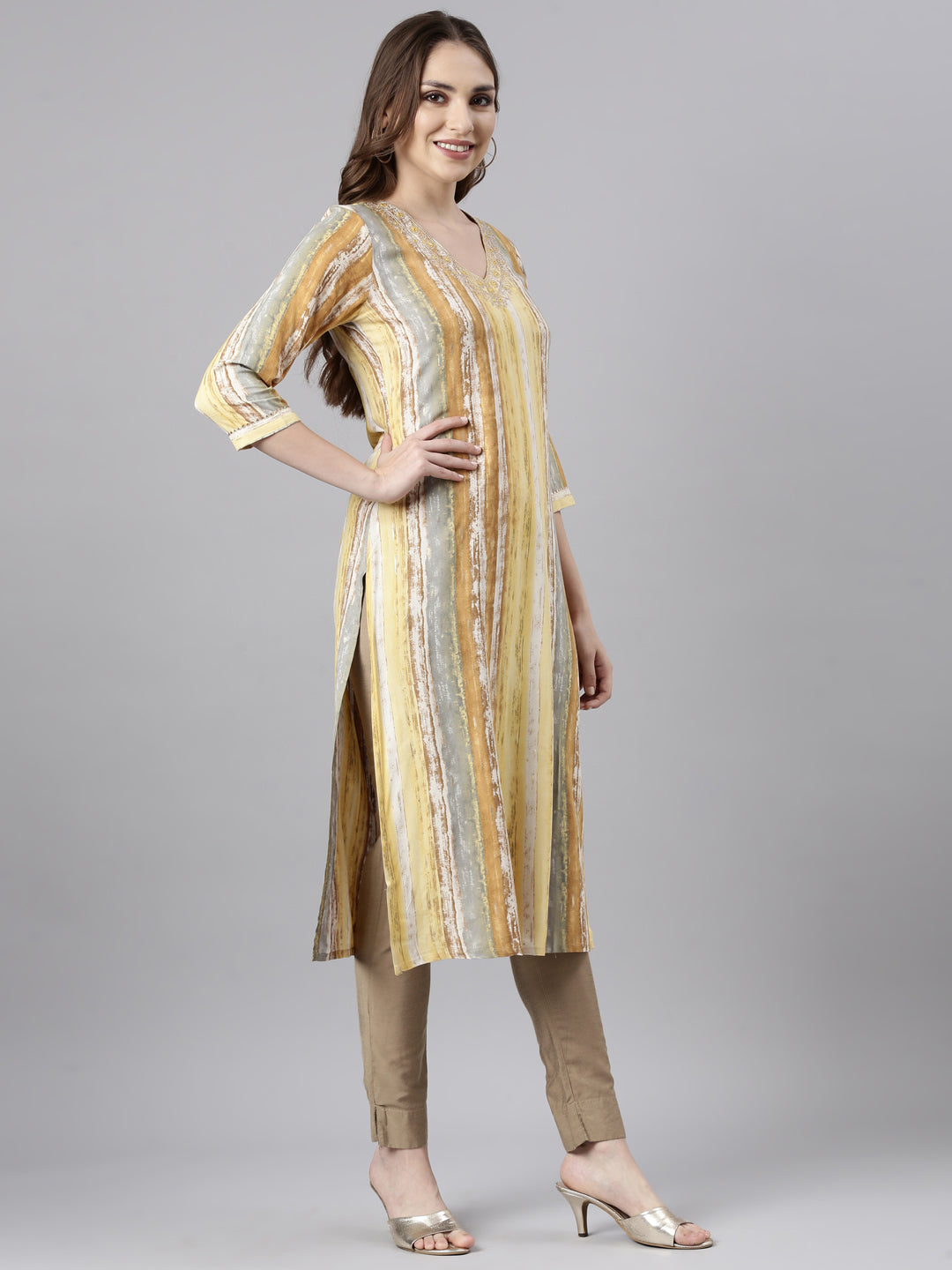 Neerus Yellow striped printed straight kurti - back view