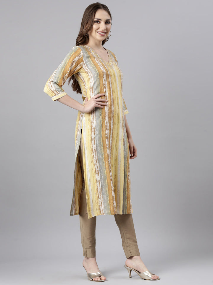 Neerus Yellow striped printed straight kurti - back view