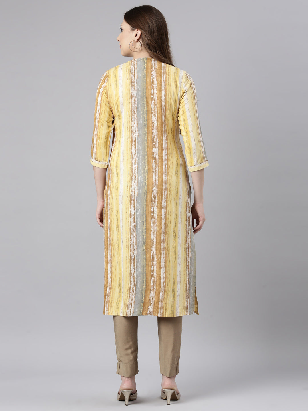 Neerus Yellow striped printed straight kurti - side view