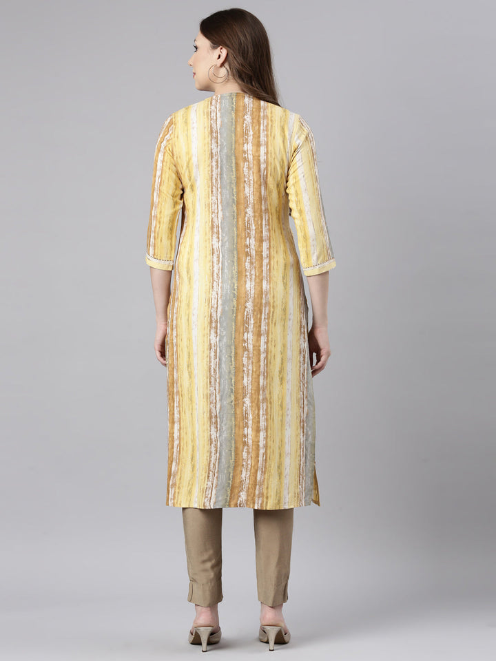 Neerus Yellow striped printed straight kurti - side view