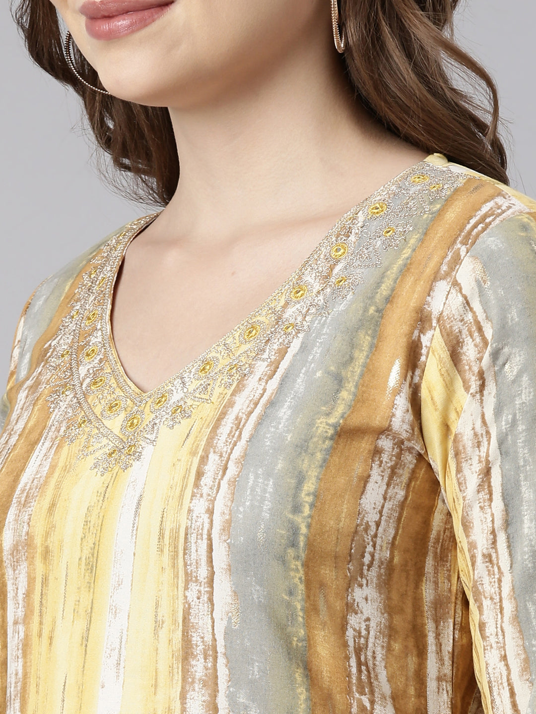 Neerus Yellow striped printed straight kurti - detail view 1