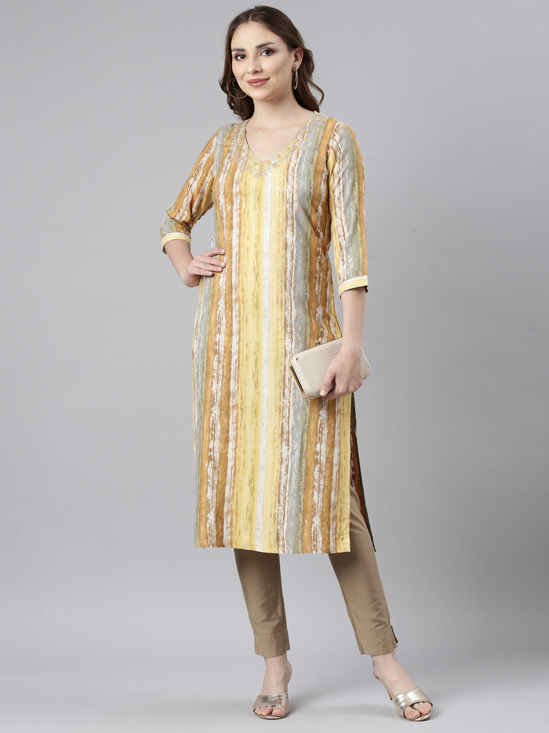 Neerus Yellow striped printed straight kurti - detail view 2