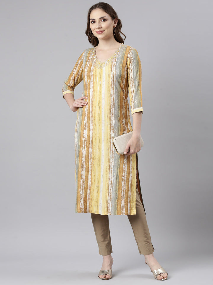 Neerus Yellow striped printed straight kurti - detail view 2