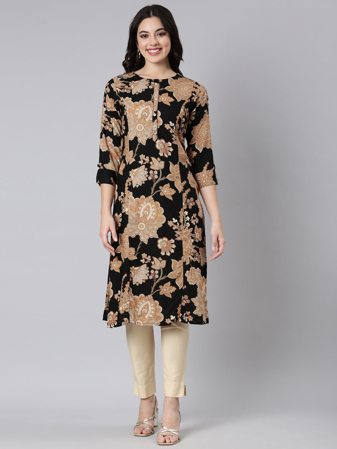 Neerus Black floral printed panelled kurti - front view