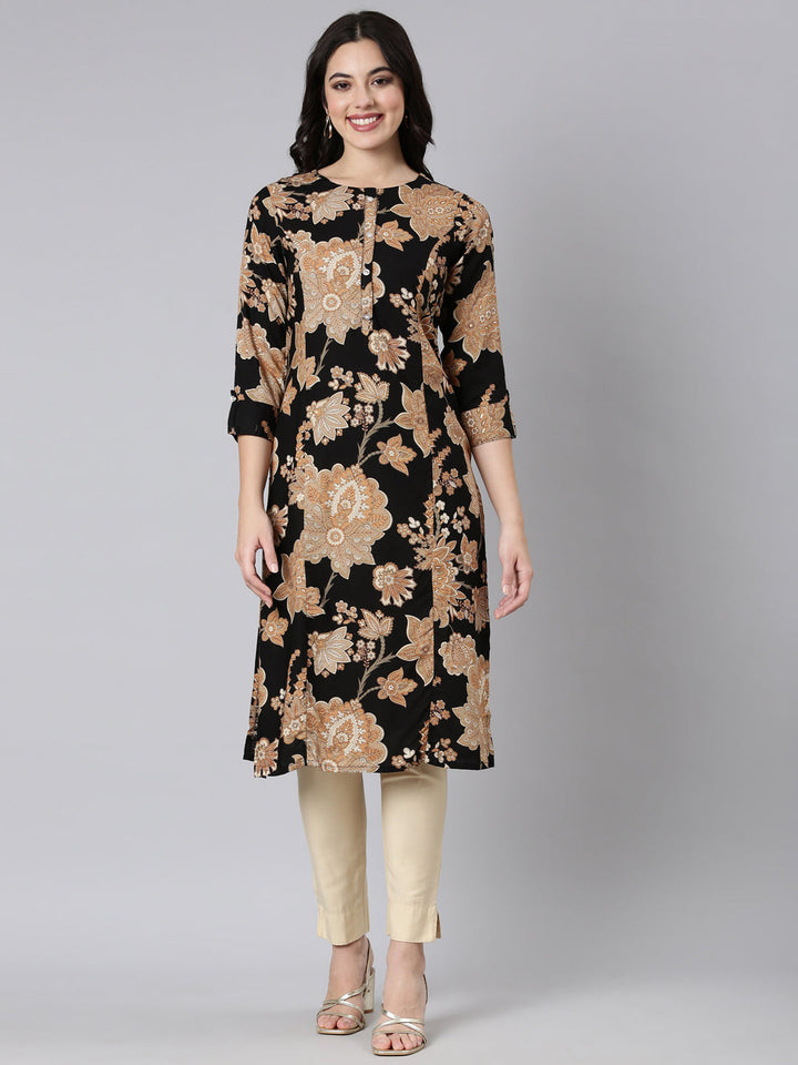 Neerus Black floral printed panelled kurti - front view