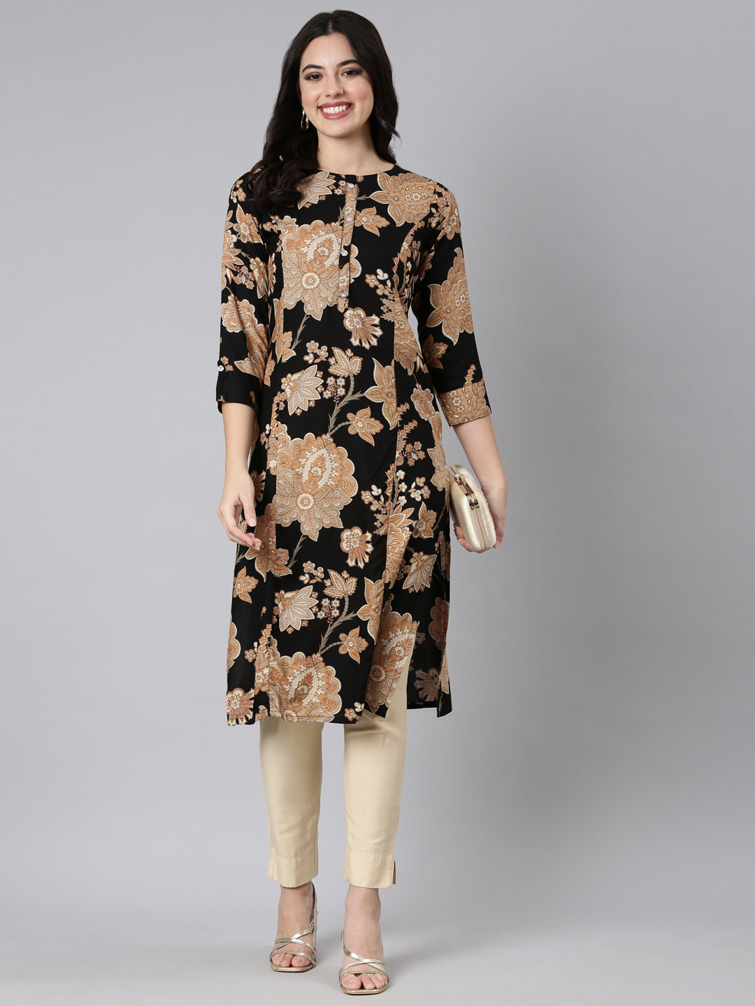 Neerus Black floral printed panelled kurti - detail view 1