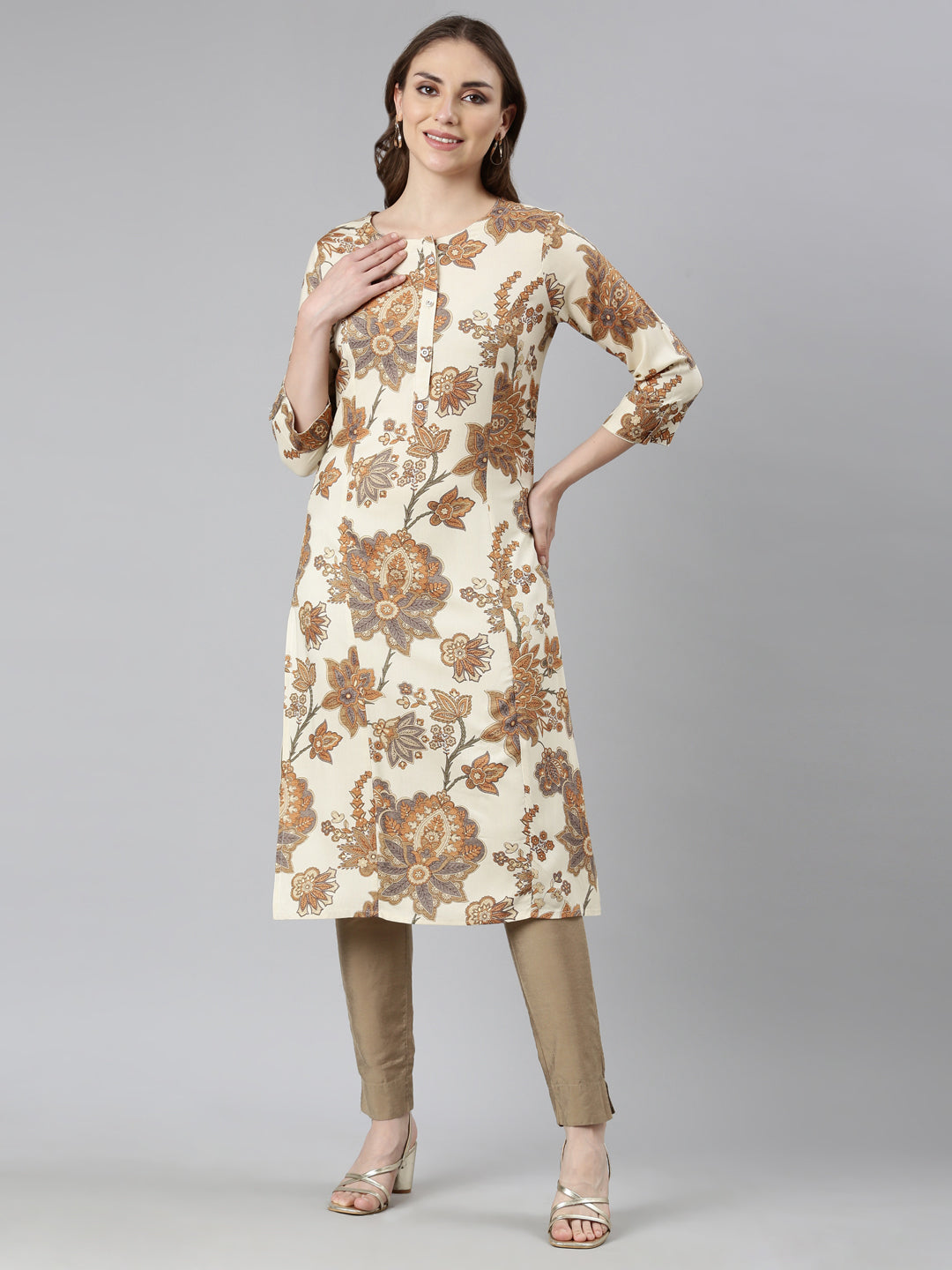 Neerus Beige floral printed straight kurta - front view