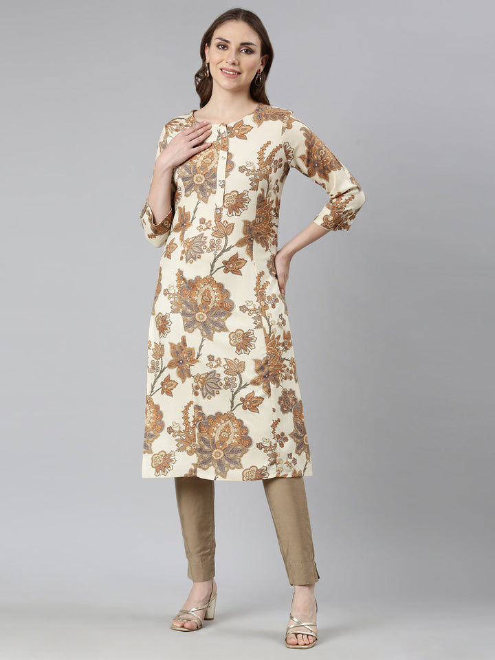 Neerus Beige floral printed straight kurta - front view
