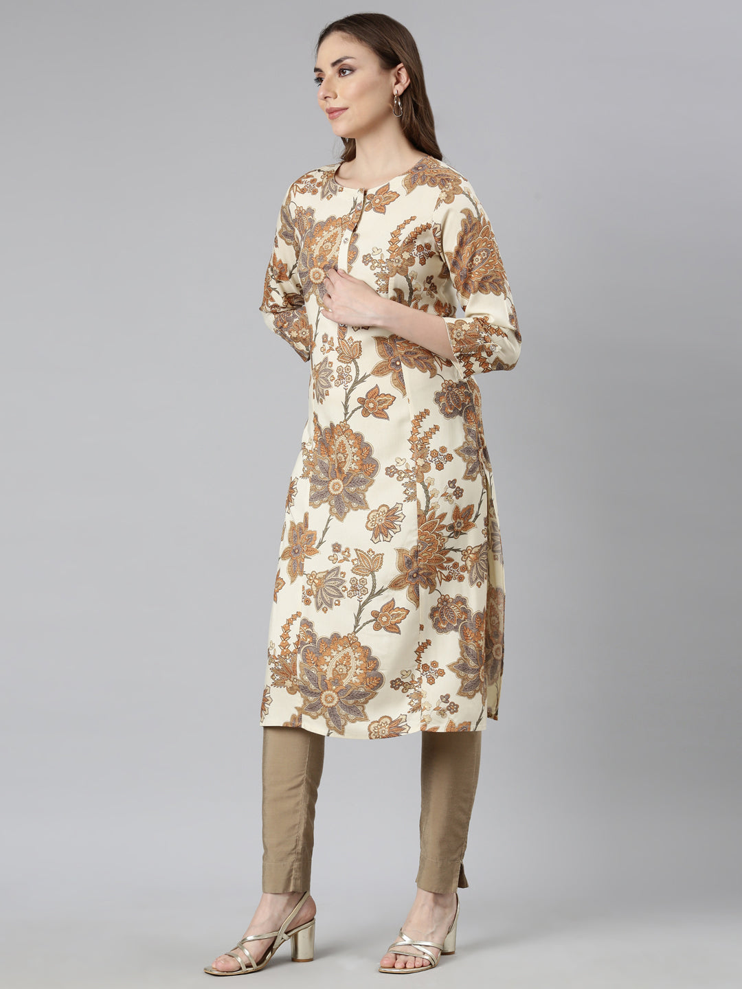 Neerus Beige floral printed straight kurta - back view