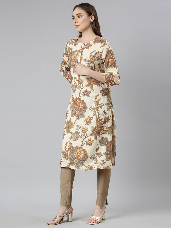 Neerus Beige floral printed straight kurta - back view
