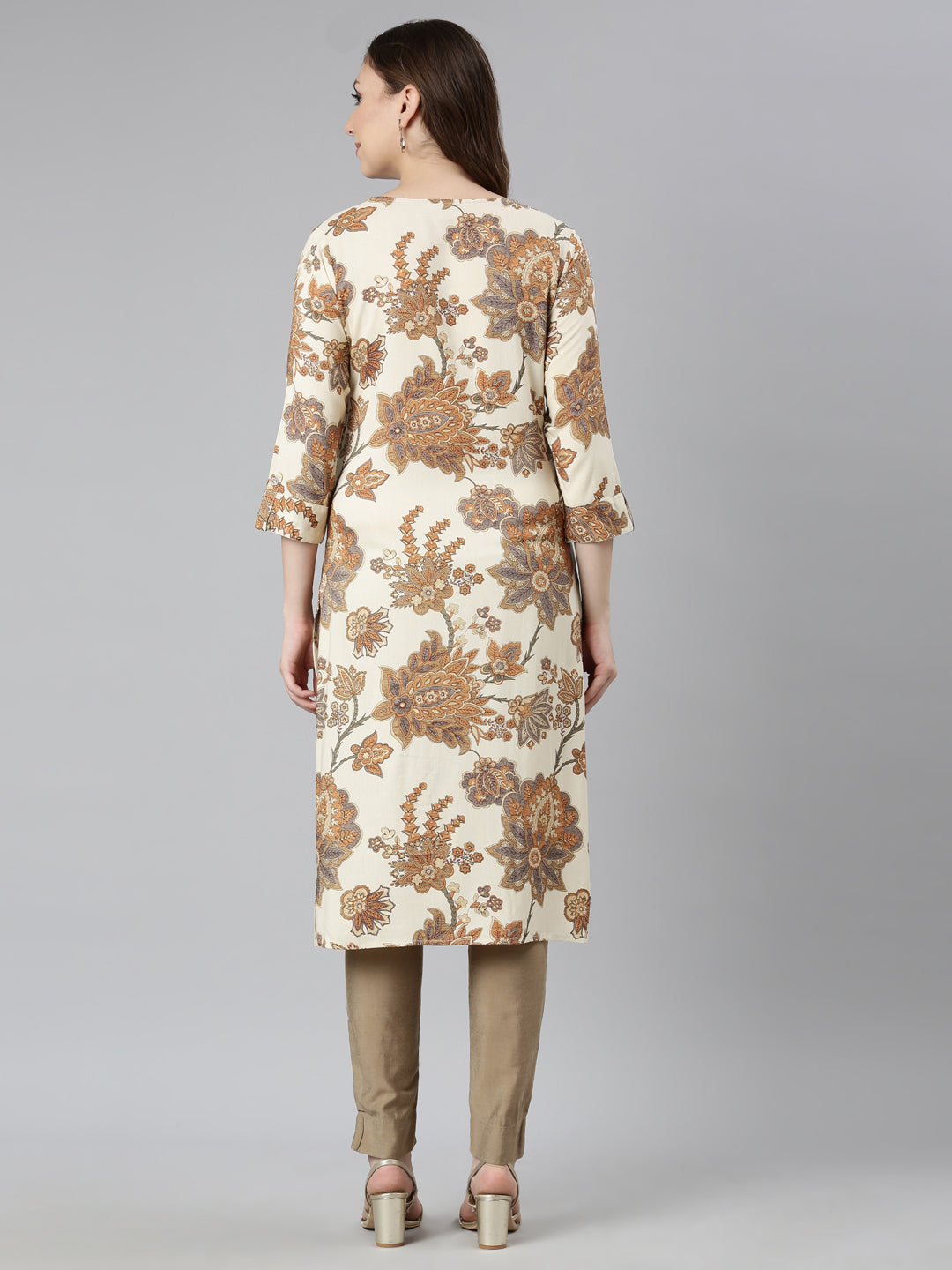Neerus Beige floral printed straight kurta - side view