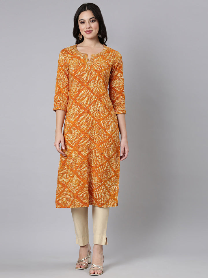 Neerus Yellow Bandhani printed straight kurti - detail view 3