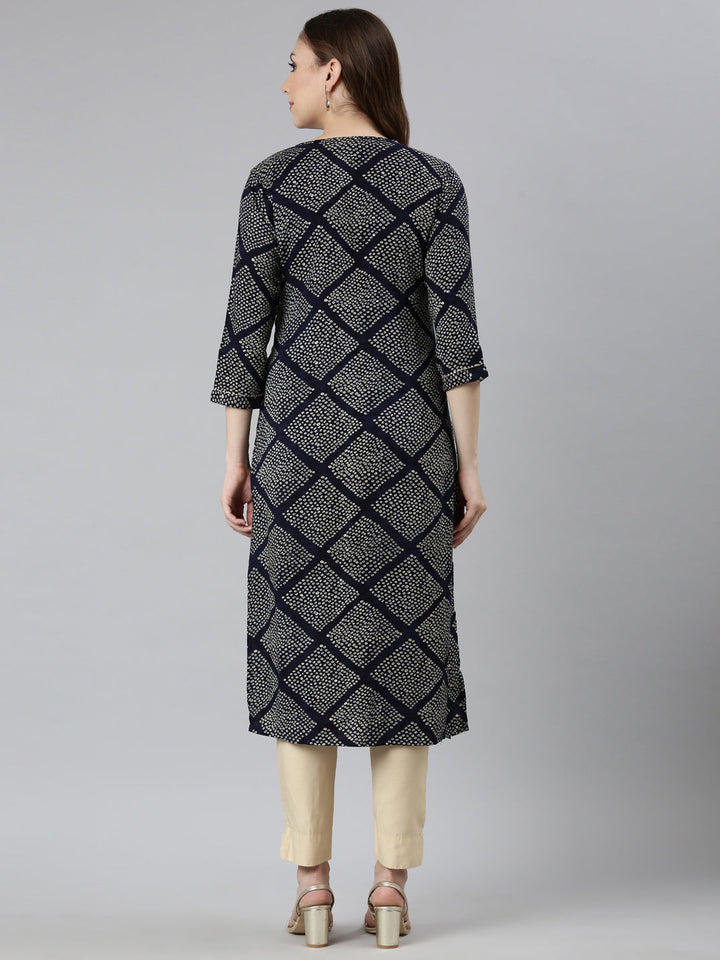 Neerus Blue rayon bandhani printed straight kurti - side view