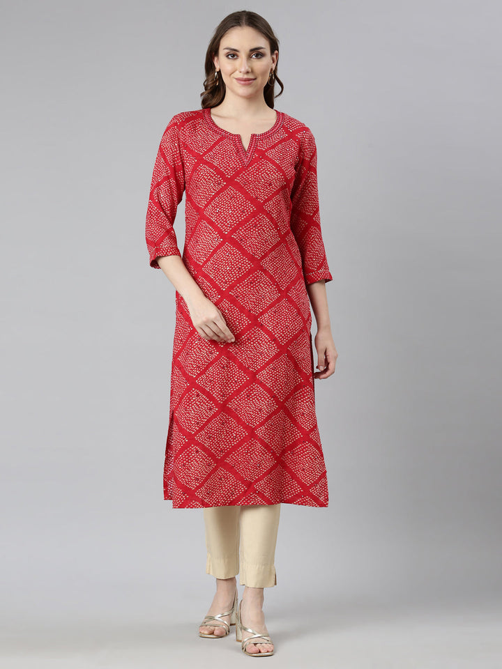 Neerus Red Bandhani printed straight kurti - front view