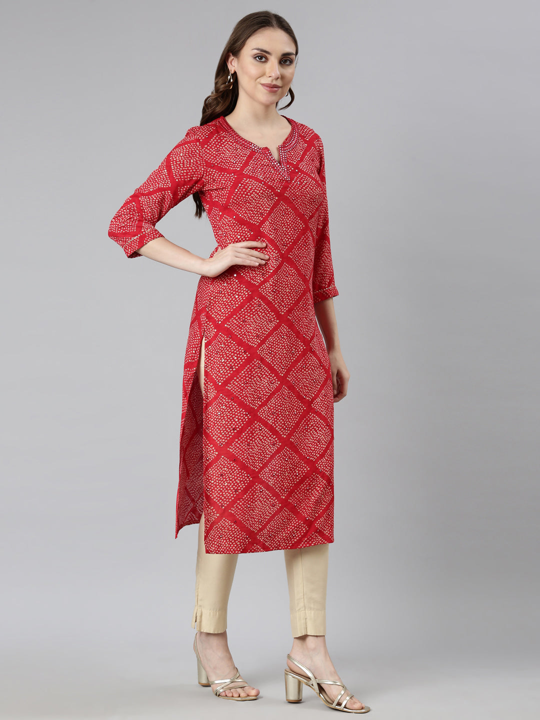 Neerus Red Bandhani printed straight kurti - back view