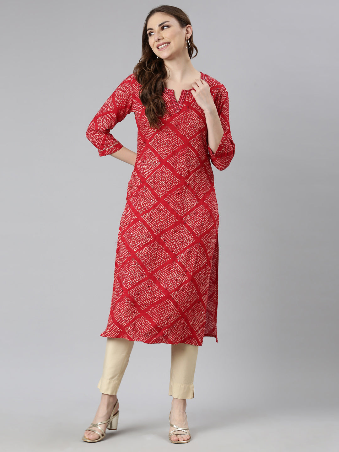 Neerus Red Bandhani printed straight kurti - detail view 1