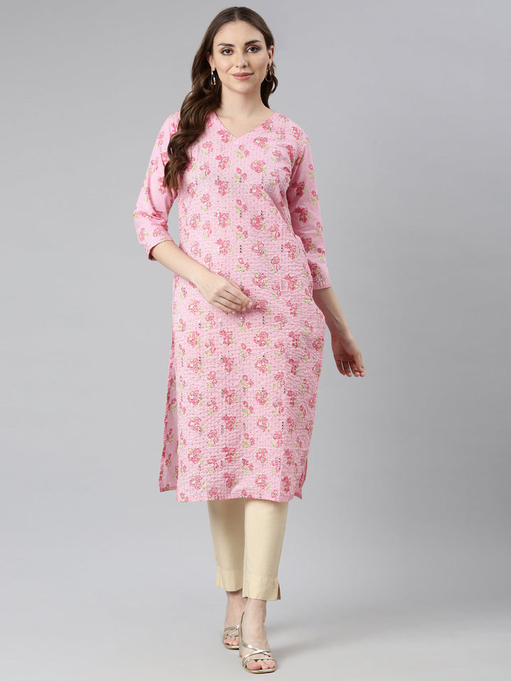 Neerus Pink floral printed straight panelled kurti - detail view 1