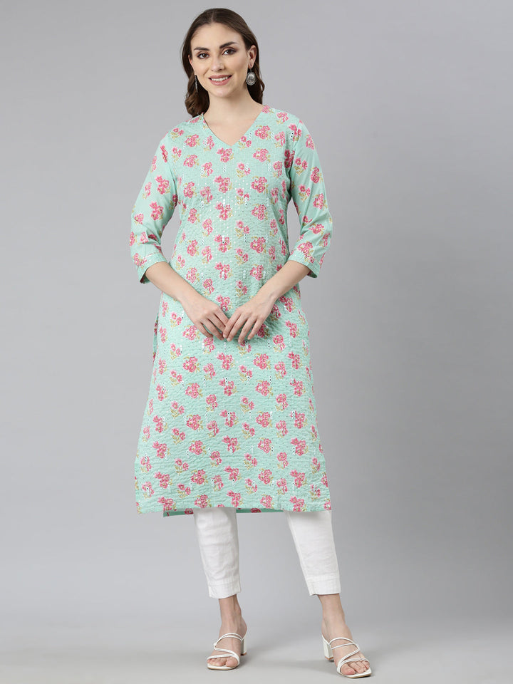 Neerus Green floral printed straight kurti - front view