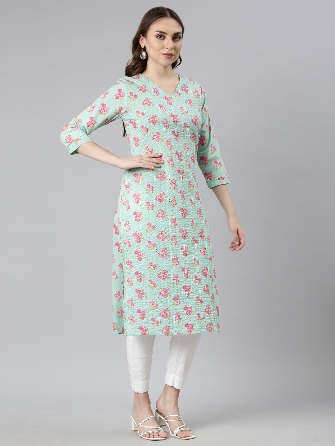 Neerus Green floral printed straight kurti - back view