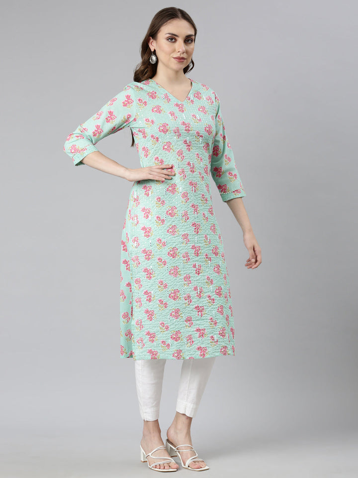 Neerus Green floral printed straight kurti - back view