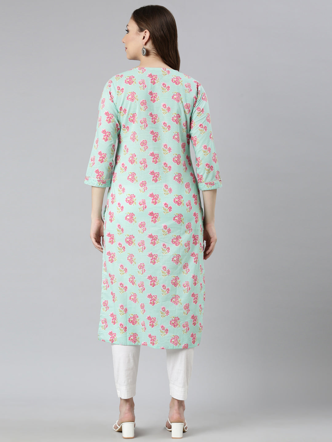 Neerus Green floral printed straight kurti - side view
