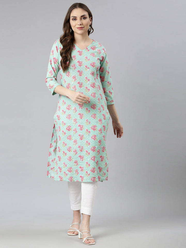 Neerus Green floral printed straight kurti - detail view 1