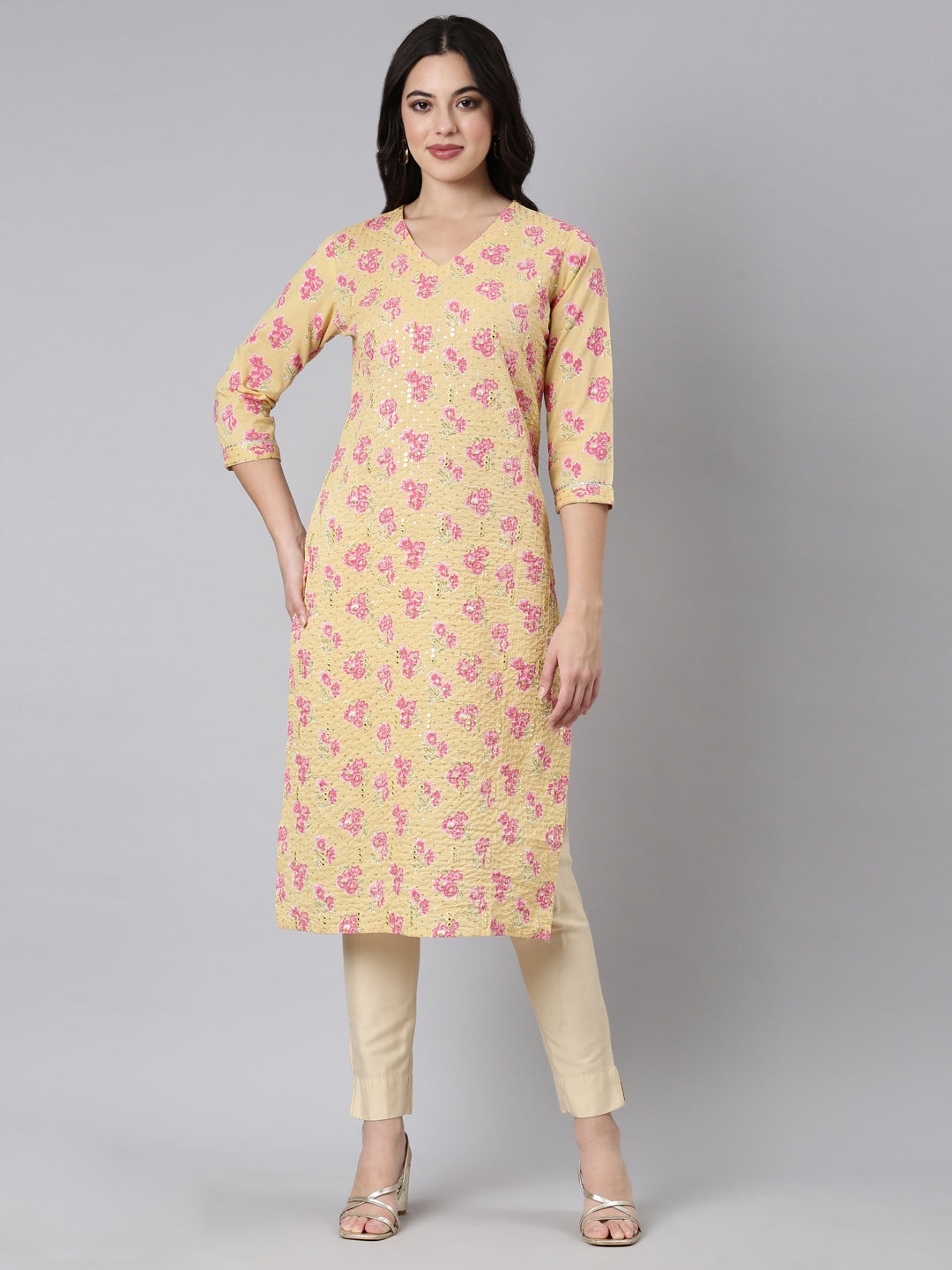 Neerus Yellow cotton printed straight kurti - front view