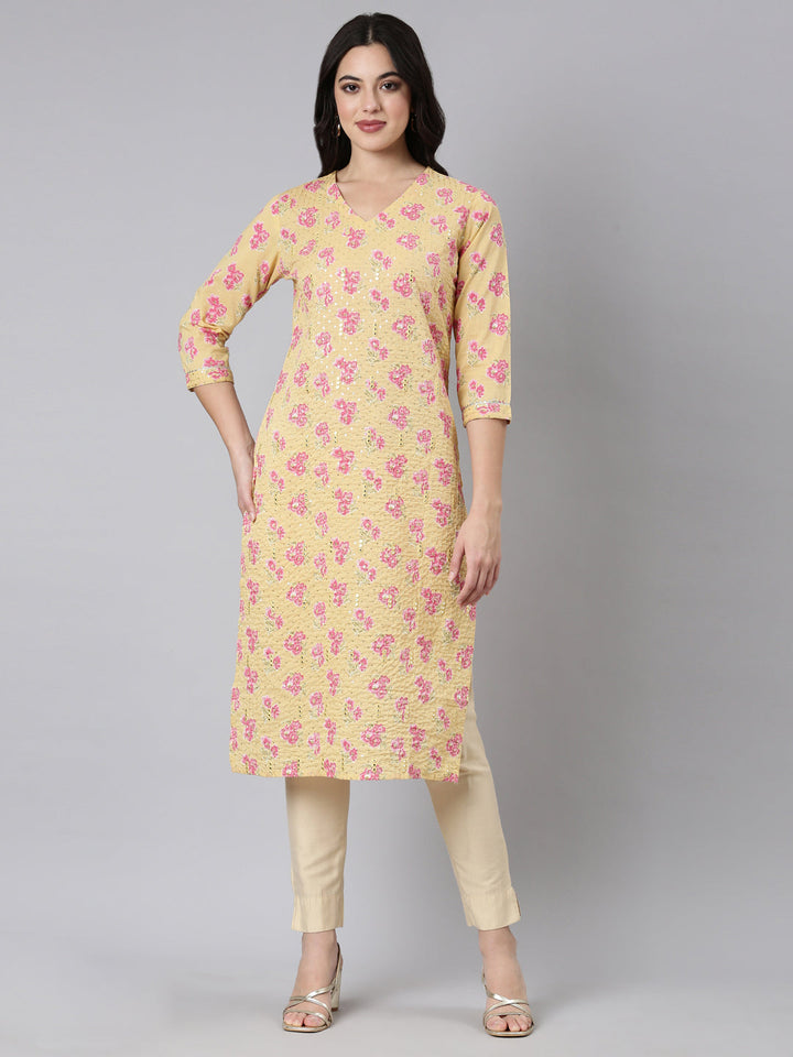 Neerus Yellow cotton printed straight kurti - front view
