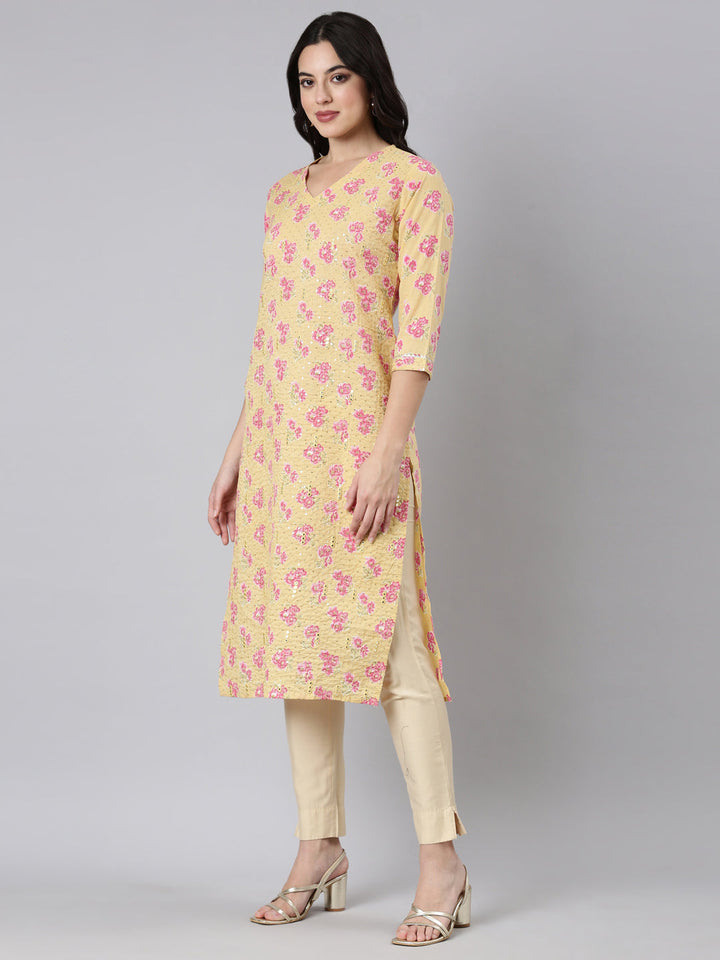 Neerus Yellow cotton printed straight kurti - back view