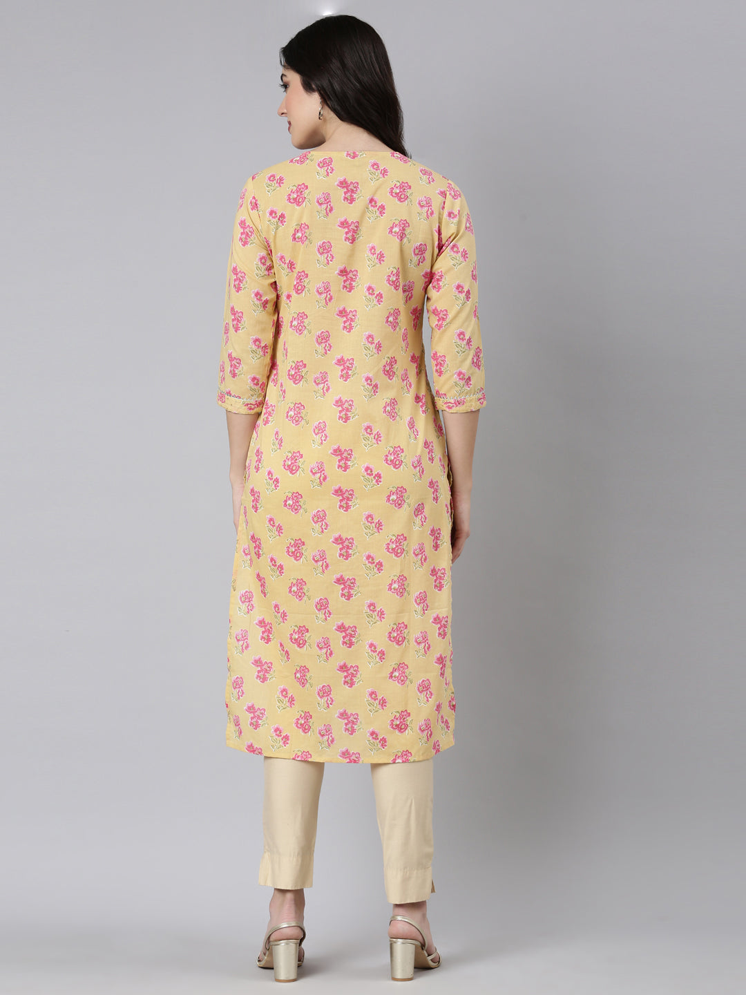 Neerus Yellow cotton printed straight kurti - side view