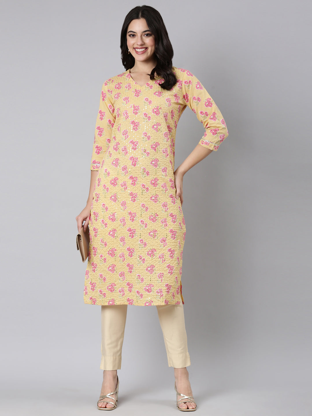 Neerus Yellow cotton printed straight kurti - detail view 1