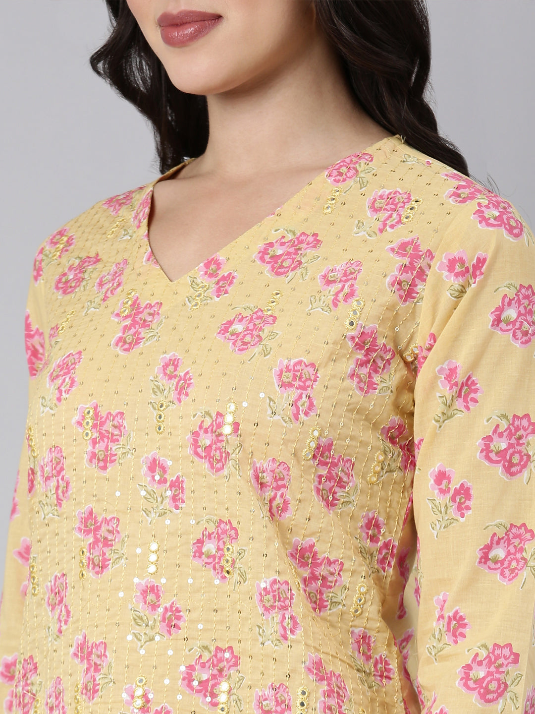 Neerus Yellow cotton printed straight kurti - detail view 2