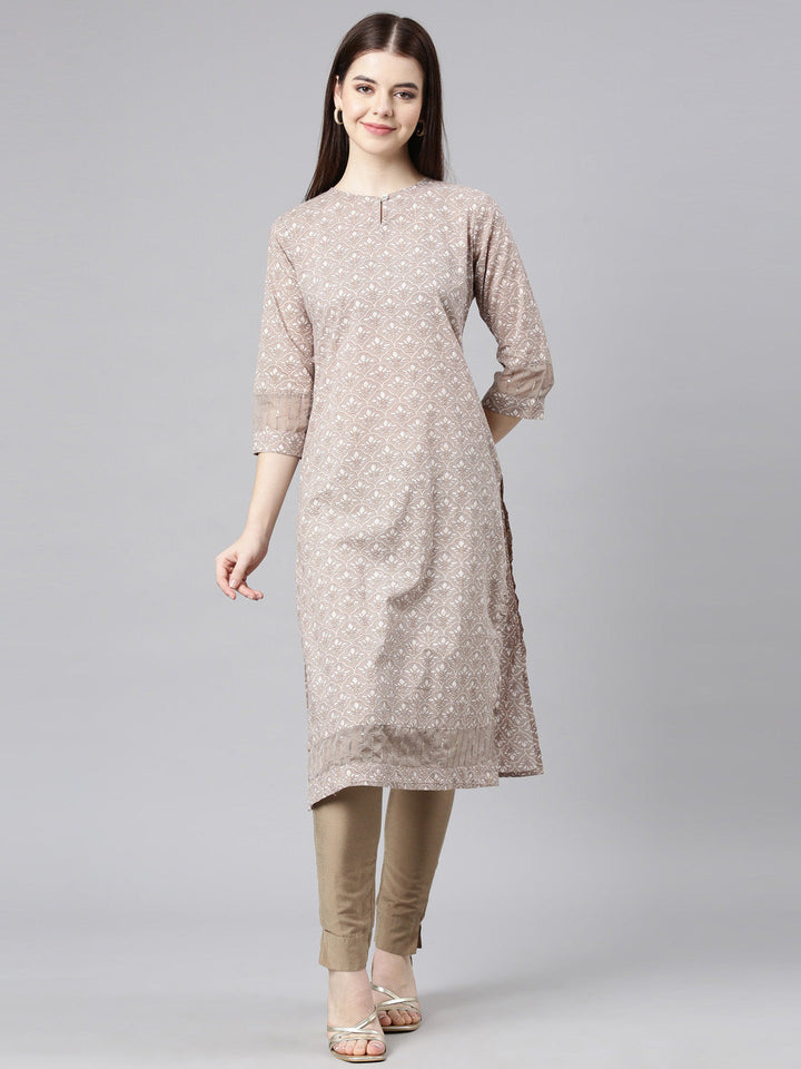 Neerus Brown printed floral straight kurta - front view
