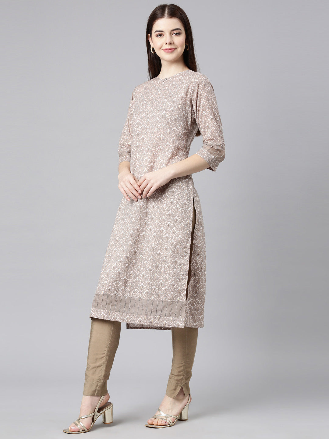 Neerus Brown printed floral straight kurta - back view