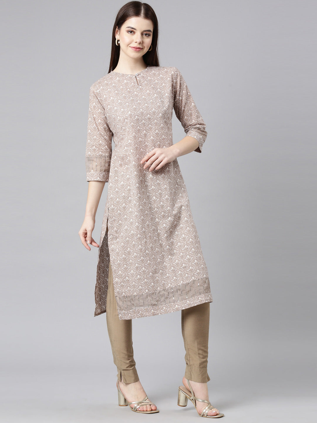 Neerus Brown printed floral straight kurta - side view