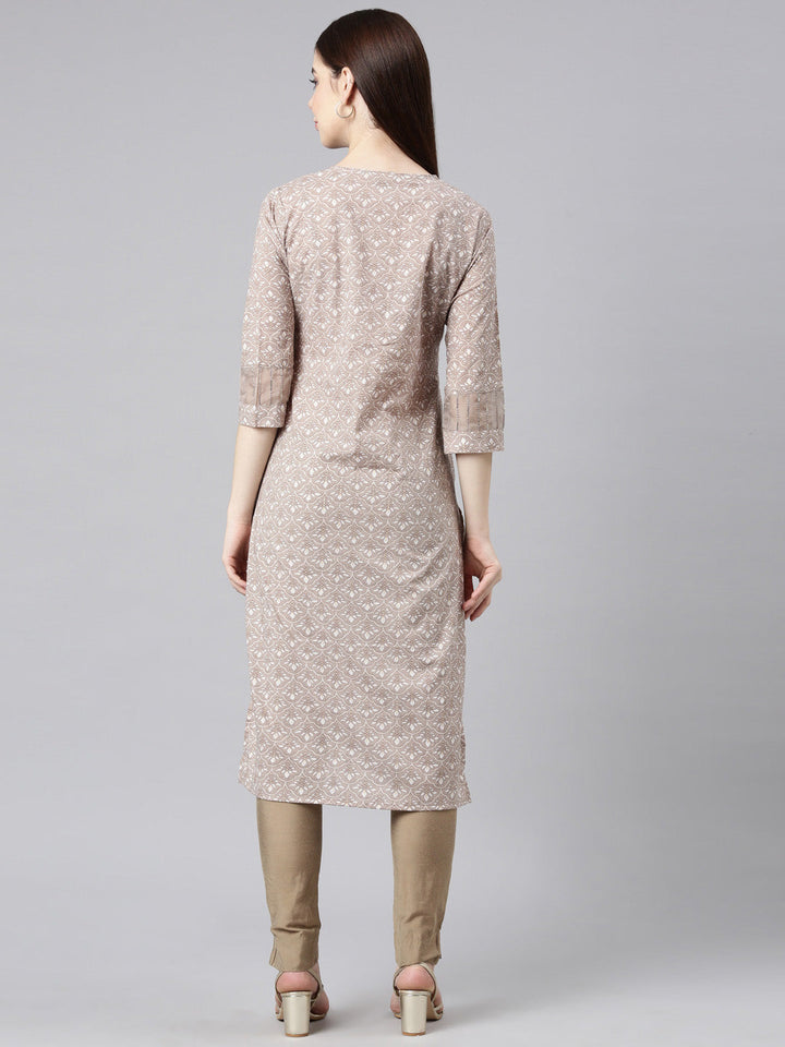 Neerus Brown printed floral straight kurta - detail view 1