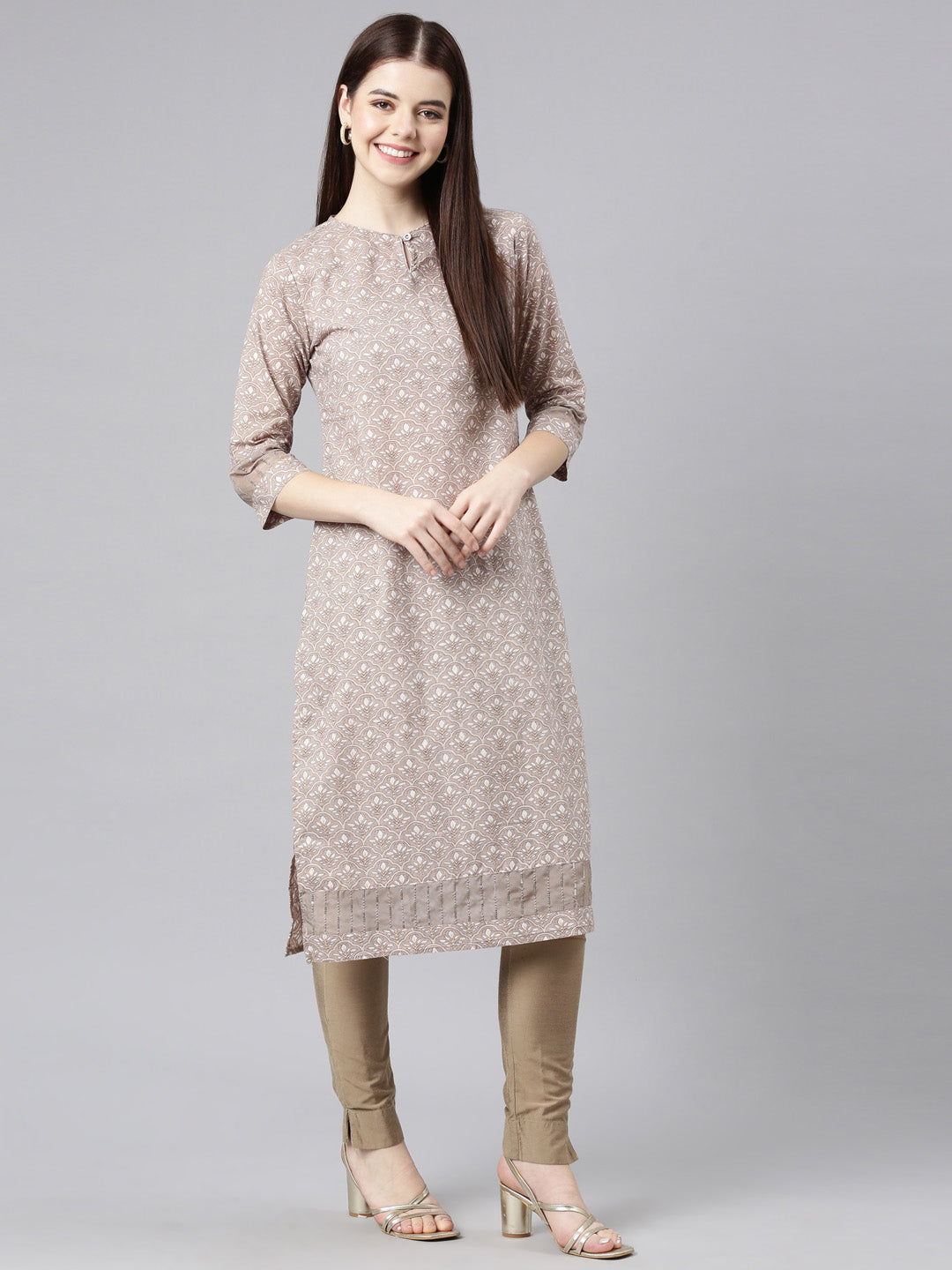 Neerus Brown printed floral straight kurta - detail view 5