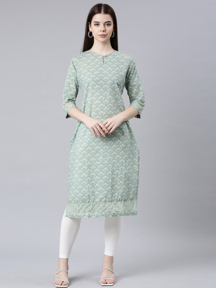 Neerus Green cotton printed straight kurta - front view